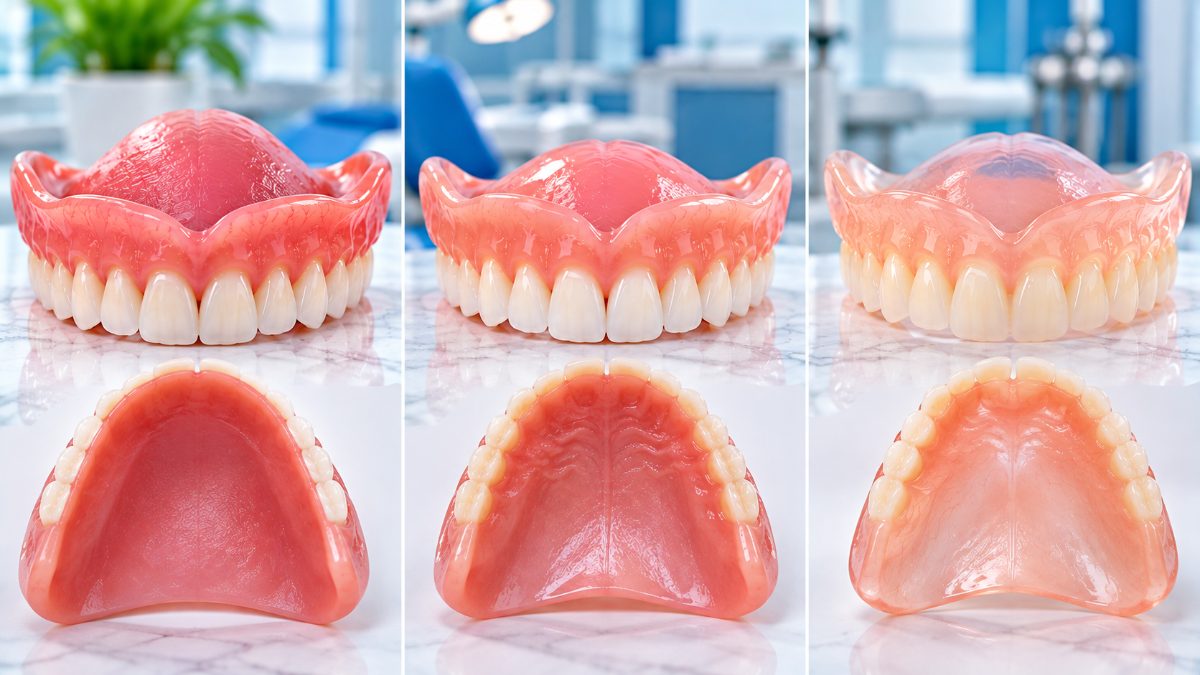Acrylic and flexible upper complete dentures shown from the front and from underneath