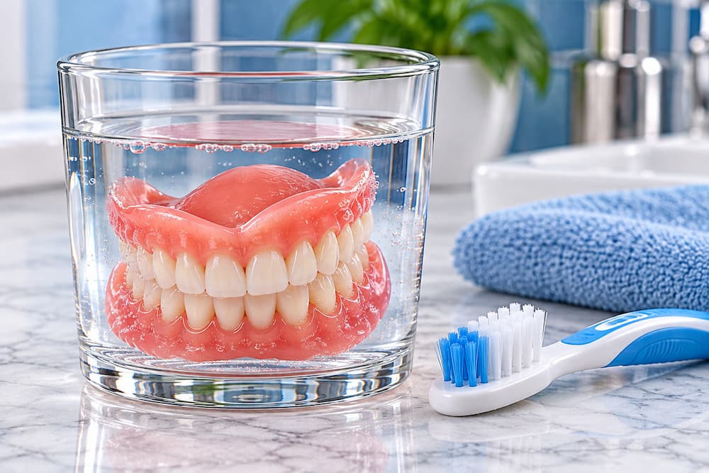 Denture soaking overnight in a glass of water beside a soft denture brush