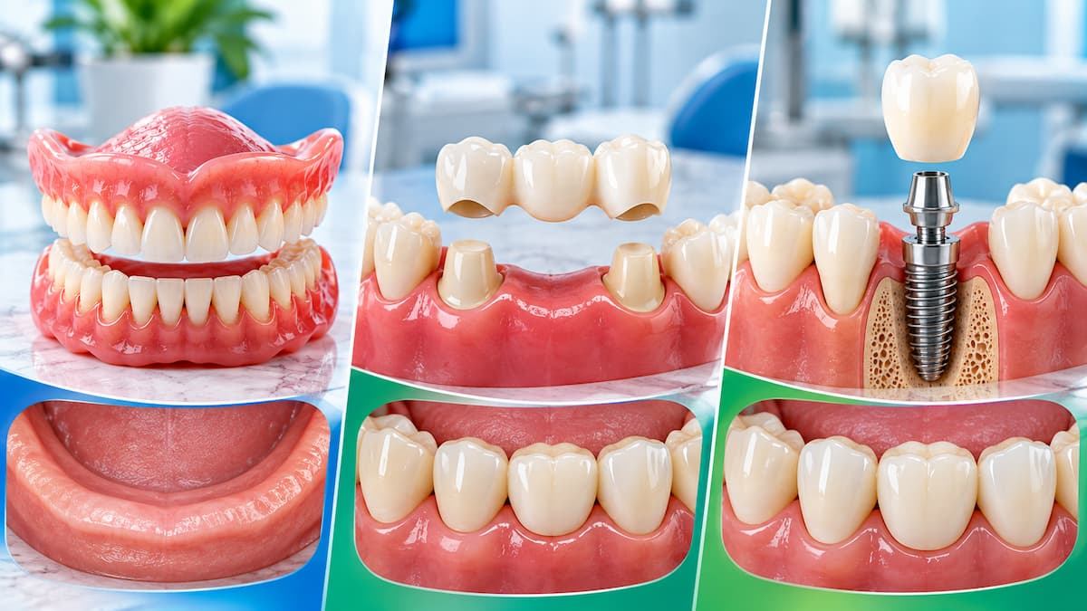 Partial denture, dental bridge and dental implant compared for replacing missing teeth
