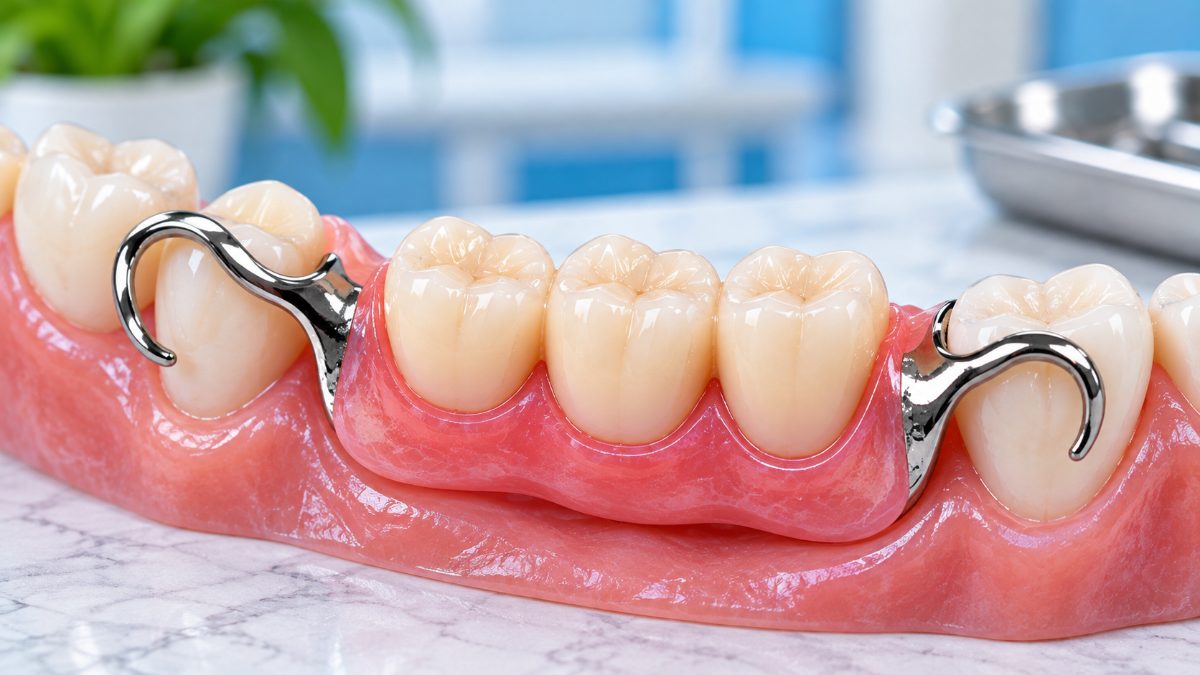 Partial denture replacing three missing teeth in the lower jaw