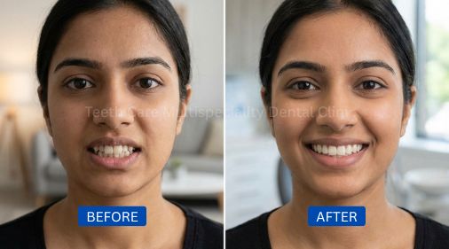 Before and after results of invisible dental braces in Kolkata showing correction of misaligned teeth and improved smile aesthetics. This treatment offers a discreet and comfortable orthodontic solution for patients seeking straighter teeth without traditional metal braces.