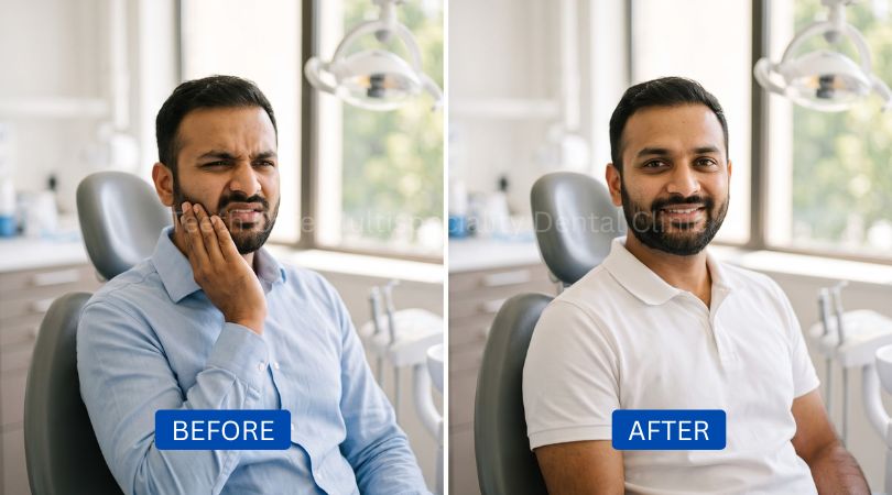 Before and after tooth extraction in Kolkata, patient with jaw pain then relieved and smiling