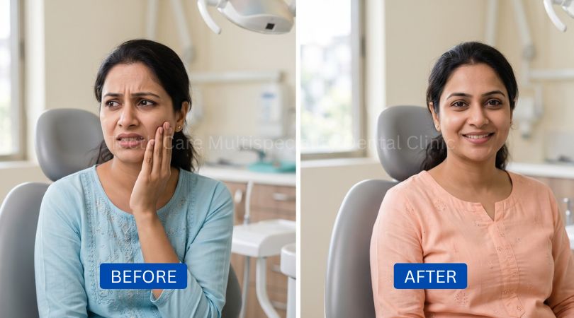 Before and after wisdom tooth extraction in Kolkata, patient holding cheek in pain then smiling